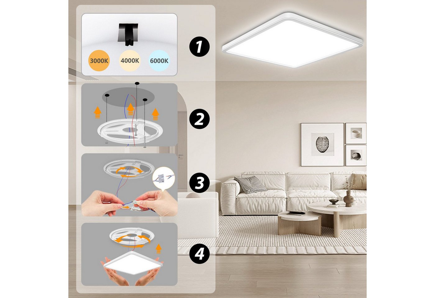 POPOLIC LED Deckenleuchte Quadrat Flach Ø30cm, 3200 Lumen, IP54 spritzwassergeschützt, 3-stufige Farbtemperatur (3000K/4000K/6000K), für Wohnzimmer, Schlafzimmer, Küche, Balkon, Büro, Flur Bild 4