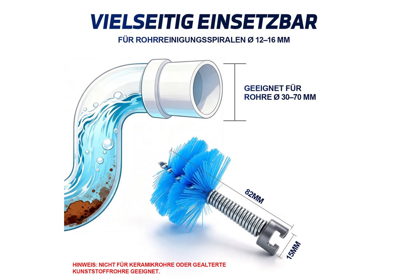 XERSEK Rohrreinigungsspirale 2 tlg. Rohrreinigungsbürste mit 12–16mm Anschluss Weichbürsten-Aufsatz, (Flexible Bürste für Rohre Ø30–70 mm), für 12-/16-mm-Rohrreinigungsspiralen