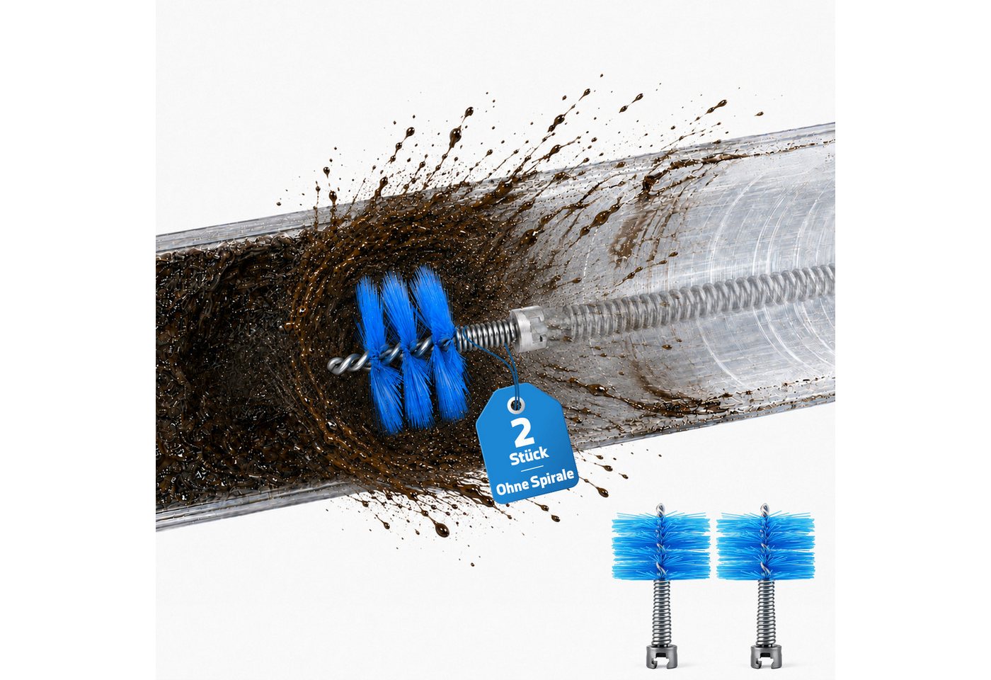 XERSEK Rohrreinigungsspirale 2 tlg. Rohrreinigungsbürste mit 12–16mm Anschluss Weichbürsten-Aufsatz, (Flexible Bürste für Rohre Ø30–70 mm), für 12-/16-mm-Rohrreinigungsspiralen Bild 3