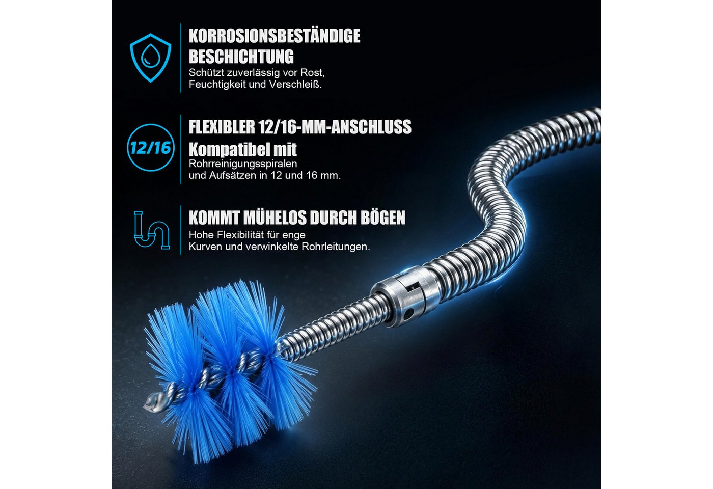 XERSEK Rohrreinigungsspirale 2 tlg. Rohrreinigungsbürste mit 12–16mm Anschluss Weichbürsten-Aufsatz, (Flexible Bürste für Rohre Ø30–70 mm), für 12-/16-mm-Rohrreinigungsspiralen Bild 4