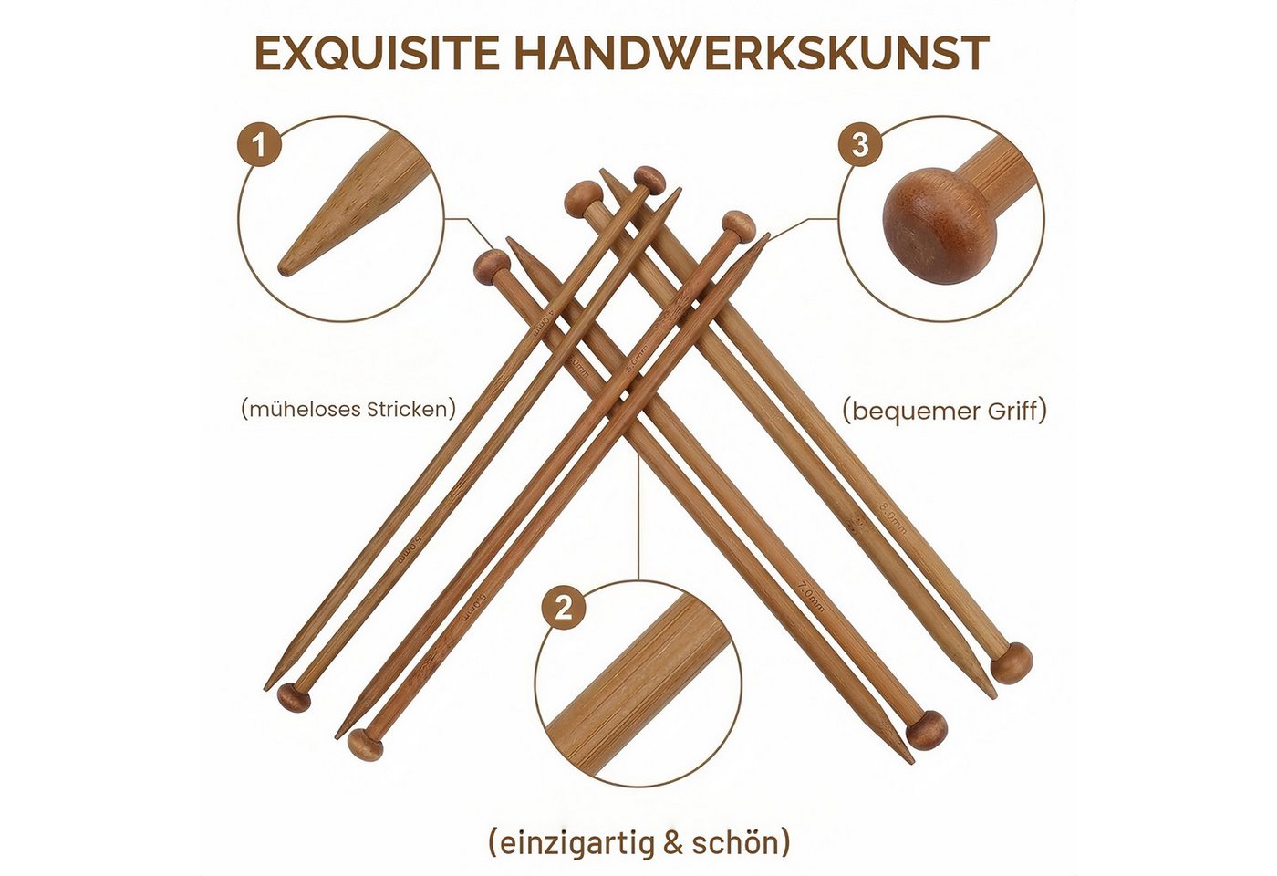 FOUORTUNATE-BEE Stricknadeln 25 cm Holzstricknadeln Set, verschiedene Größen für Schal & Mütze, 10 St., Holzstricknadeln 25 cm im Set für Anfänger und Profis Bild 4