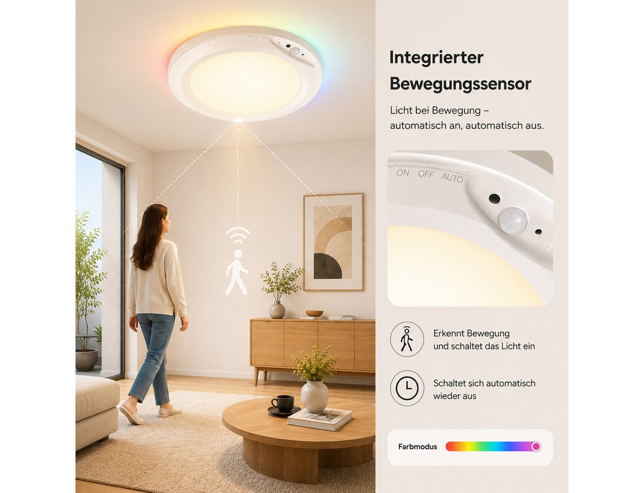 pedete Deckenleuchte LED Deckenleuchte Akku RGB Deckenleuchte Flach Rund Ø20CM 4200 mAh, LED fest integriert, mit Bewegungsmelder, 6500K RGB, deckenlampe bunt, akku deckenleuchte, deckenlampe ohne bohren, für Schlafzimmer Küche Keller Balkon Büro Wohnzimmer Bild 2