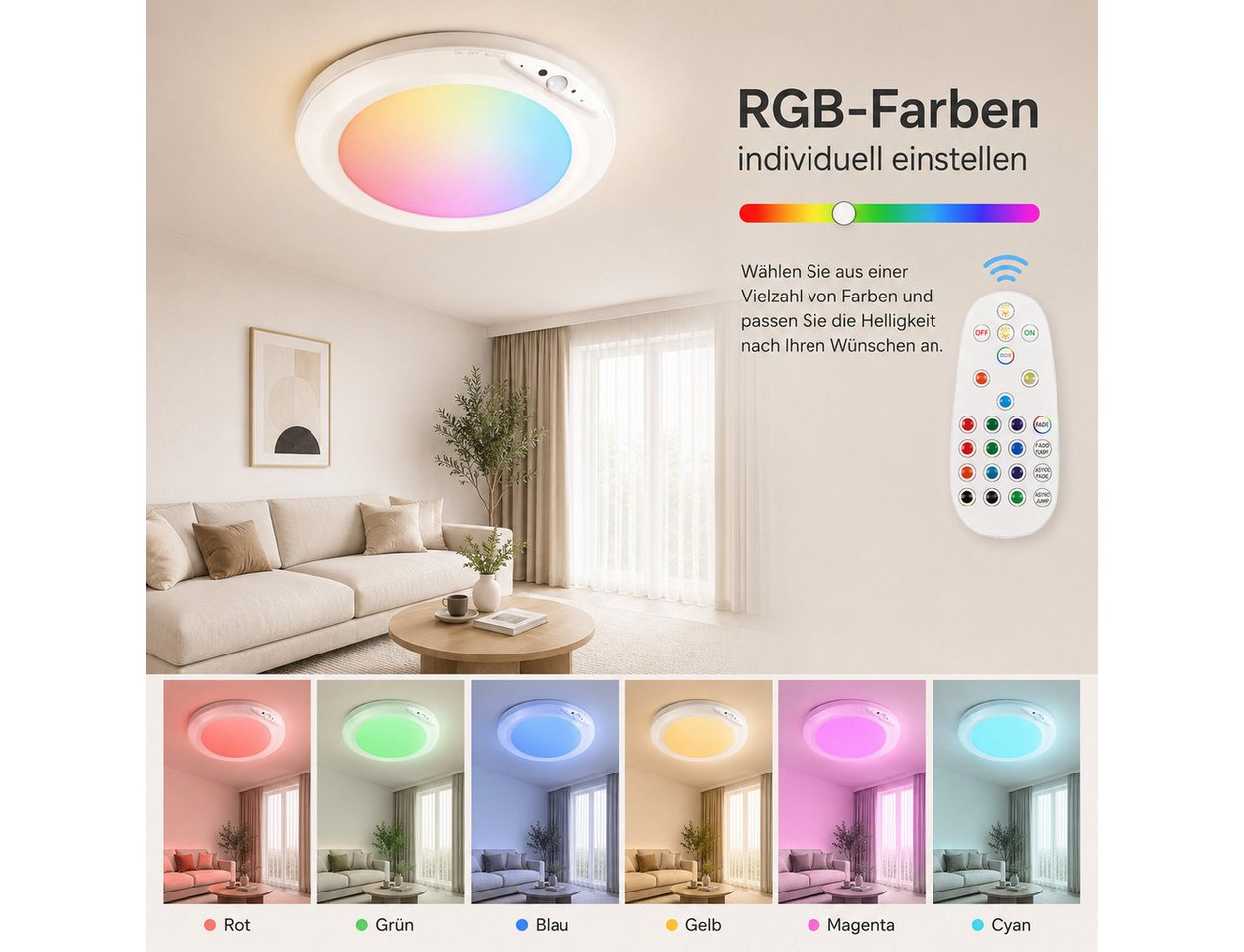 pedete Deckenleuchte LED Deckenleuchte Akku RGB Deckenleuchte Flach Rund Ø20CM 4200 mAh, LED fest integriert, mit Bewegungsmelder, 6500K RGB, deckenlampe bunt, akku deckenleuchte, deckenlampe ohne bohren, für Schlafzimmer Küche Keller Balkon Büro Wohnzimmer Bild 3