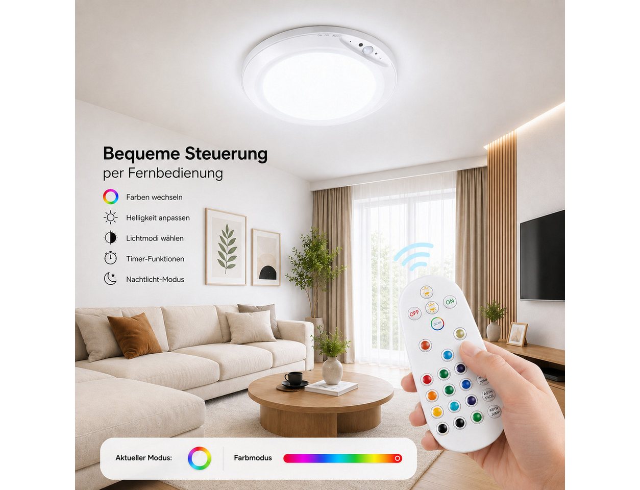 pedete Deckenleuchte LED Deckenleuchte Akku RGB Deckenleuchte Flach Rund Ø20CM 4200 mAh, LED fest integriert, mit Bewegungsmelder, 6500K RGB, deckenlampe bunt, akku deckenleuchte, deckenlampe ohne bohren, für Schlafzimmer Küche Keller Balkon Büro Wohnzimmer Bild 4