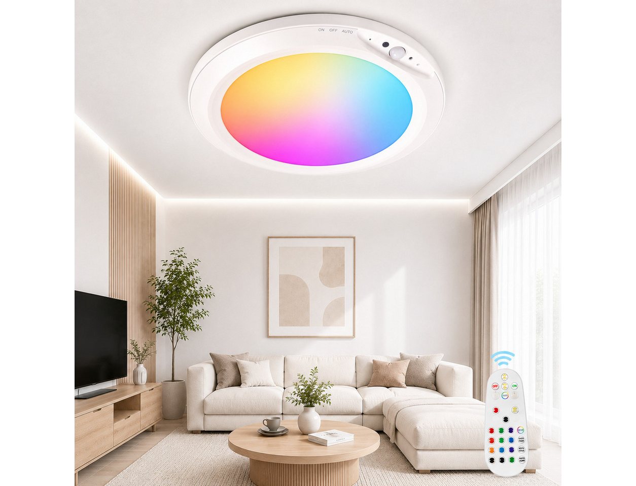 pedete Deckenleuchte LED Deckenleuchte Akku RGB Deckenleuchte Flach Rund Ø20CM 4200 mAh, LED fest integriert, mit Bewegungsmelder, 6500K RGB, deckenlampe bunt, akku deckenleuchte, deckenlampe ohne bohren, für Schlafzimmer Küche Keller Balkon Büro Wohnzimmer Bild 5