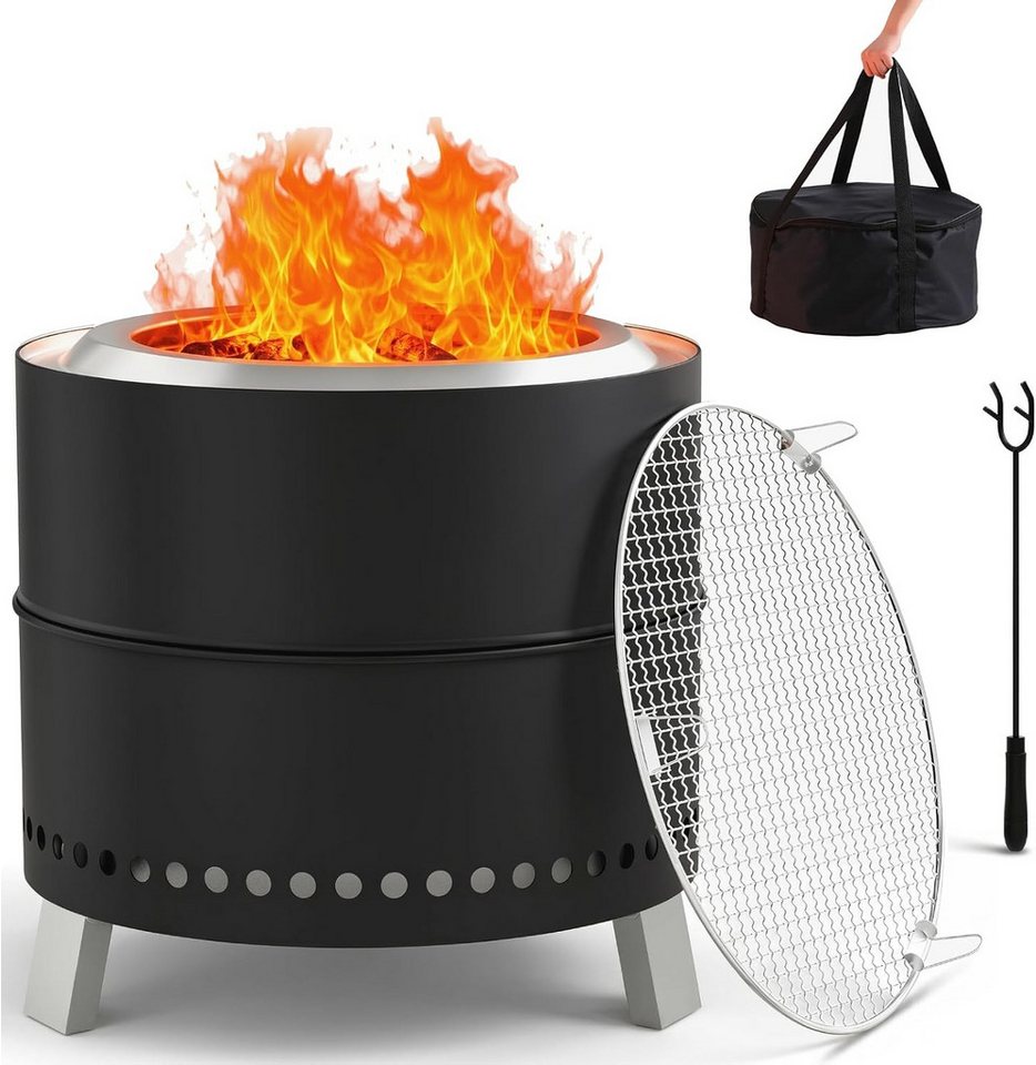 TLGREEN Feuerschale Raucharme Feuerschale 50 cm aus Edelstahl, (tragbarer Feuerkorb mit klappbaren Beinen, 2‑in‑1 Feuerstelle Outdoor mit Grillrost, Schürhaken & Tragetasche), für Garten, Camping und Picknick