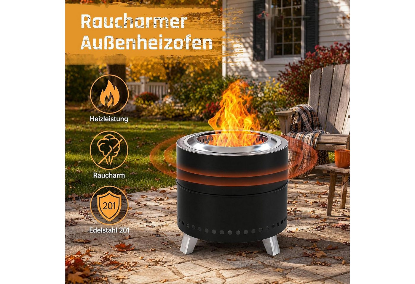 TLGREEN Feuerschale Raucharme Feuerschale 50 cm aus Edelstahl, (tragbarer Feuerkorb mit klappbaren Beinen, 2‑in‑1 Feuerstelle Outdoor mit Grillrost, Schürhaken & Tragetasche), für Garten, Camping und Picknick Bild 2