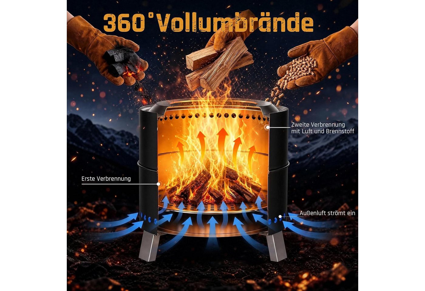 TLGREEN Feuerschale Raucharme Feuerschale 50 cm aus Edelstahl, (tragbarer Feuerkorb mit klappbaren Beinen, 2‑in‑1 Feuerstelle Outdoor mit Grillrost, Schürhaken & Tragetasche), für Garten, Camping und Picknick Bild 3