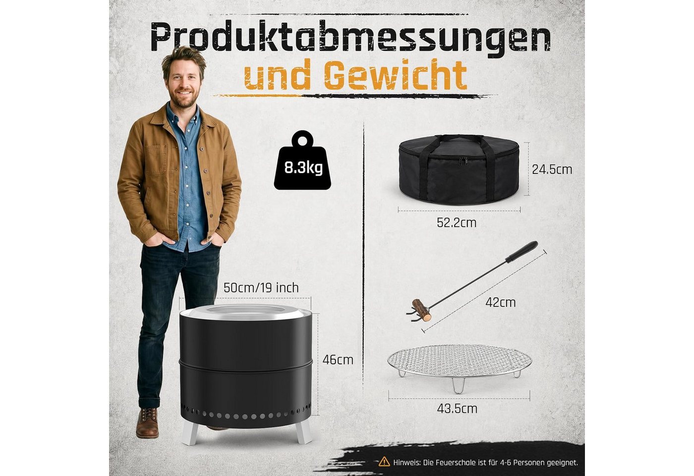 TLGREEN Feuerschale Raucharme Feuerschale 50 cm aus Edelstahl, (tragbarer Feuerkorb mit klappbaren Beinen, 2‑in‑1 Feuerstelle Outdoor mit Grillrost, Schürhaken & Tragetasche), für Garten, Camping und Picknick Bild 4