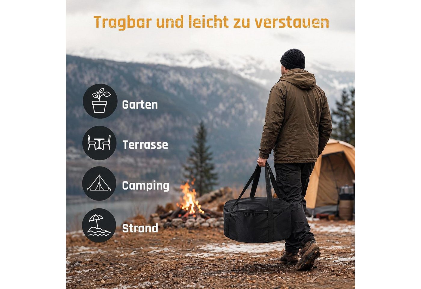 TLGREEN Feuerschale Raucharme Feuerschale 50 cm aus Edelstahl, (tragbarer Feuerkorb mit klappbaren Beinen, 2‑in‑1 Feuerstelle Outdoor mit Grillrost, Schürhaken & Tragetasche), für Garten, Camping und Picknick Bild 5