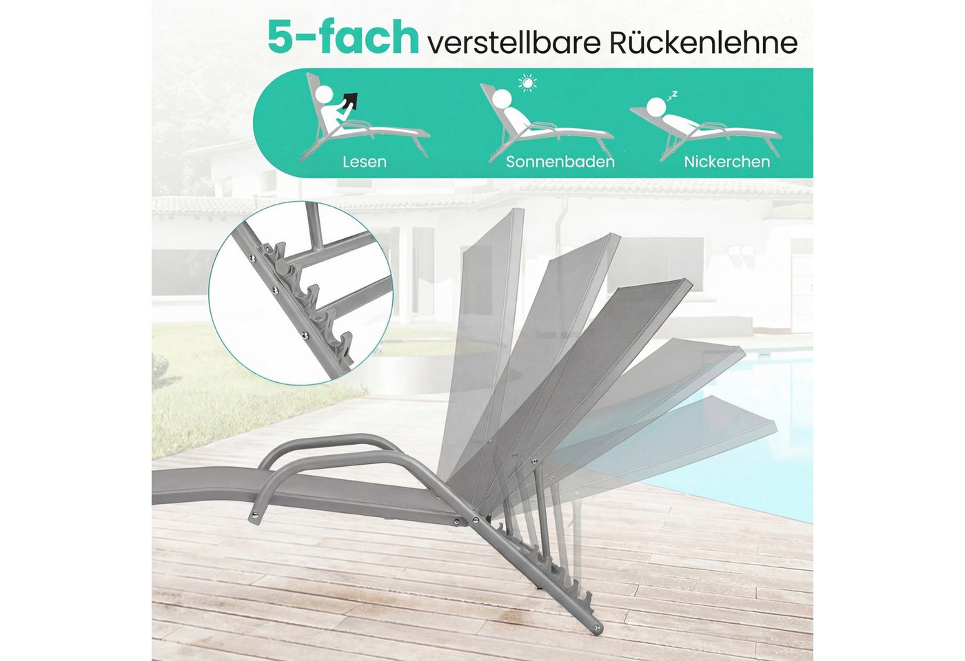 COSTWAY Gartenliege 2 TLG. Liegestuhl, 2 St., 5 Positionen verstellbar, Armlehnen Bild 3