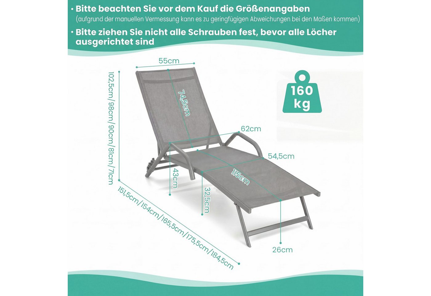 COSTWAY Gartenliege 2 TLG. Liegestuhl, 2 St., 5 Positionen verstellbar, Armlehnen Bild 4