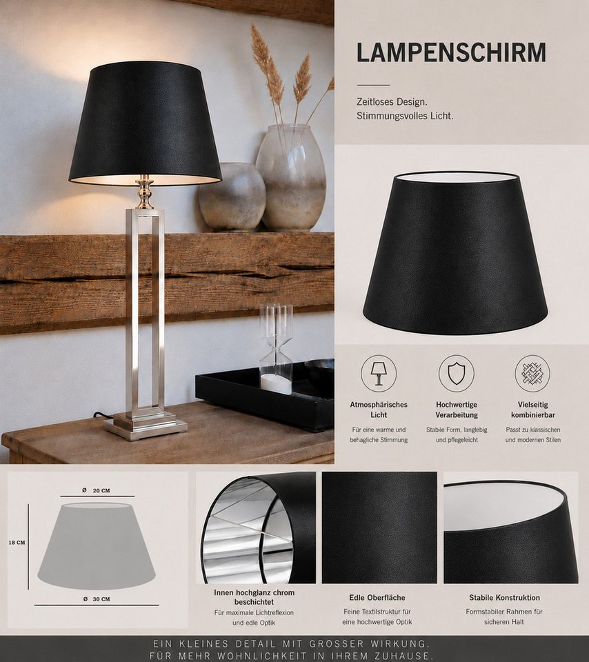 AMBIENTE-LEBENSART.DE Lampenschirm Satin schwarz rund konische Form Edel Ø 30cm innen Chrom Bild 2