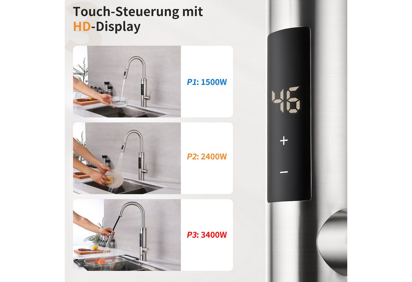 DESFAU Küchenarmatur mit LED-Display, ausziehbarer Brause & Sofortheizung,360° drehbare Touch-Steuerung mit HD-Display, 3 Leistungsstufen & Überhitzungsschutz