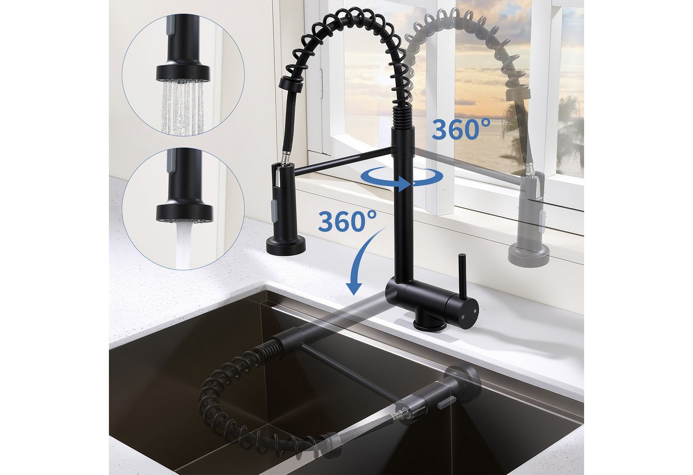DESFAU Küchenarmatur Vorfenster Wasserhahn, 360° Drehbare, Unterfenster Klappbar 180° Spültischarmatur,zwei Strahlarten,Edelstahl 304,Schwarz