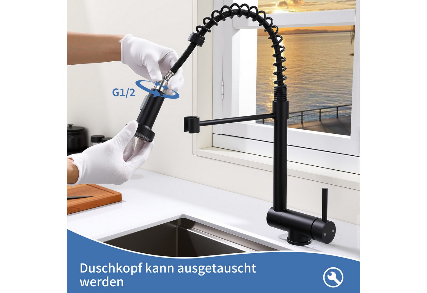 DESFAU Küchenarmatur Vorfenster Wasserhahn, 360° Drehbare, Unterfenster Klappbar 180° Spültischarmatur,zwei Strahlarten,Edelstahl 304,Schwarz Bild 2