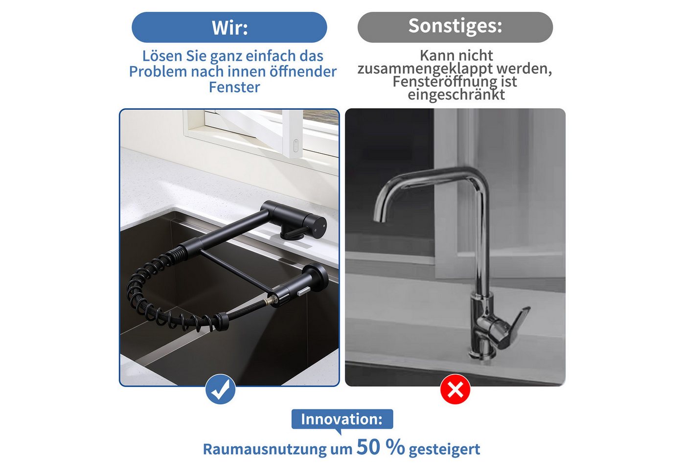 DESFAU Küchenarmatur Vorfenster Wasserhahn, 360° Drehbare, Unterfenster Klappbar 180° Spültischarmatur,zwei Strahlarten,Edelstahl 304,Schwarz Bild 3