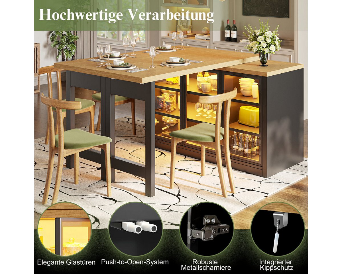 Odikalo Kücheninsel mit Ausziehbarer Kücheninsel-Esstisch, smartes Farblichtsystem, (Multifunktionaler Esstisch Seiten-Schrank Kombination, 360° drehbare, Kücheninsel Esszimmermöbel im modernen Design)
