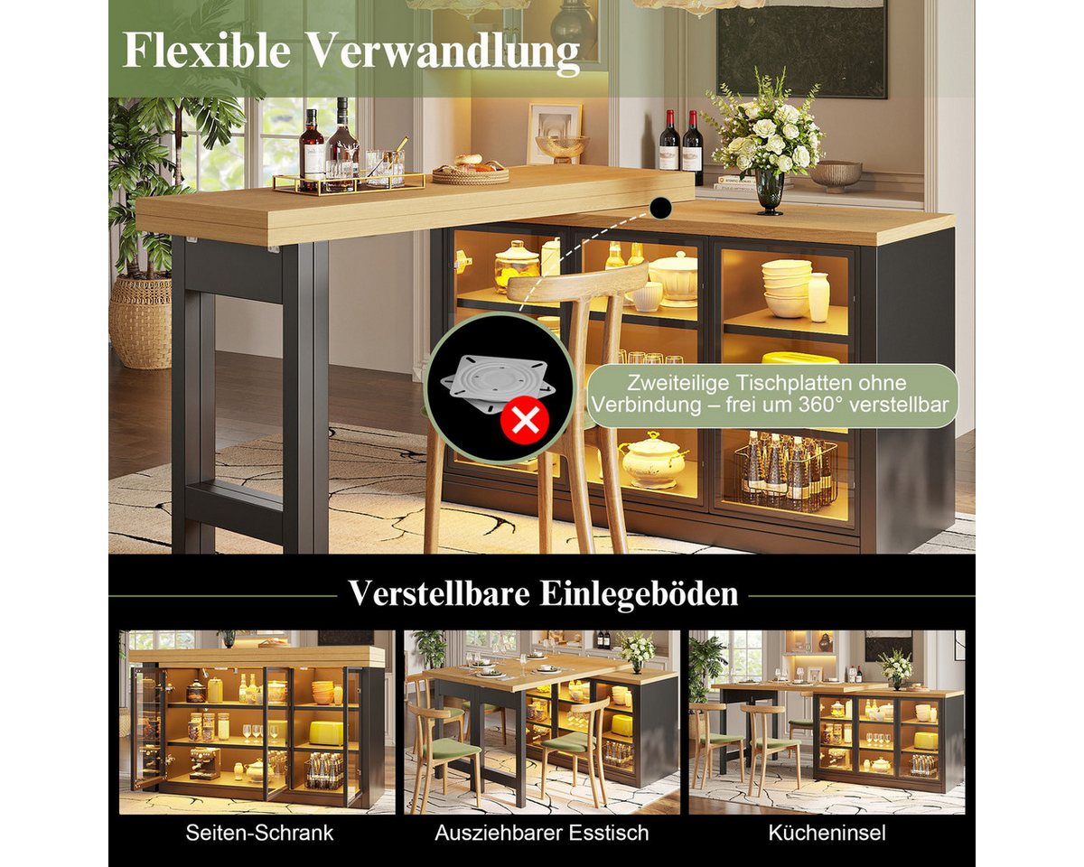 Odikalo Kücheninsel mit Ausziehbarer Kücheninsel-Esstisch, smartes Farblichtsystem, (Multifunktionaler Esstisch Seiten-Schrank Kombination, 360° drehbare, Kücheninsel Esszimmermöbel im modernen Design) Bild 3