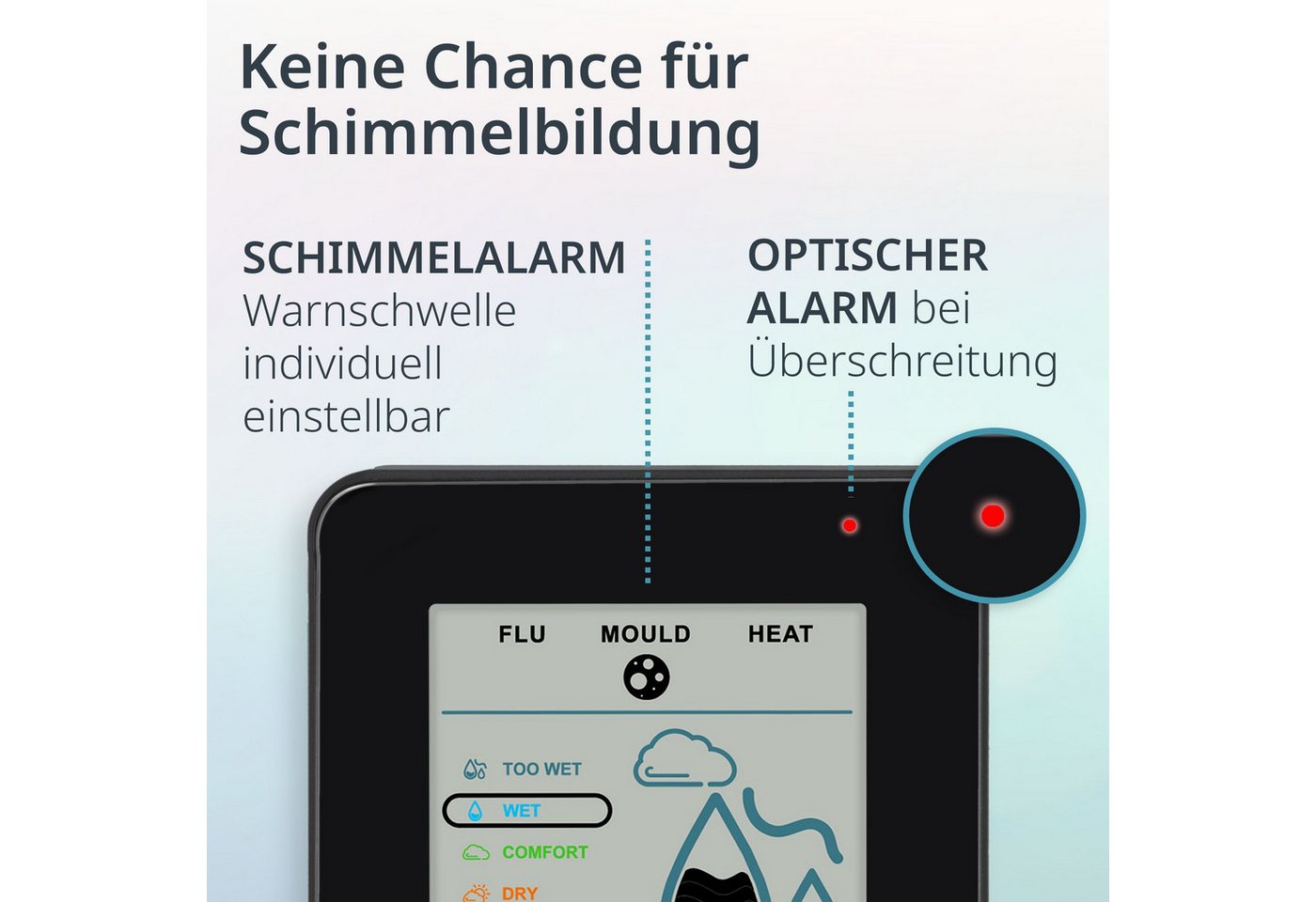 ADE Hygrometer Digital, misst Luftfeuchtigkeit, Temperatur und Taupunkt im Innenraum, Mit Schimmelalarm und Komfortanzeige, großes Display fürs Raumklima