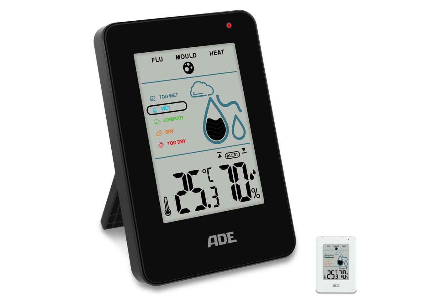 ADE Hygrometer Digital, misst Luftfeuchtigkeit, Temperatur und Taupunkt im Innenraum, Mit Schimmelalarm und Komfortanzeige, großes Display fürs Raumklima Bild 2