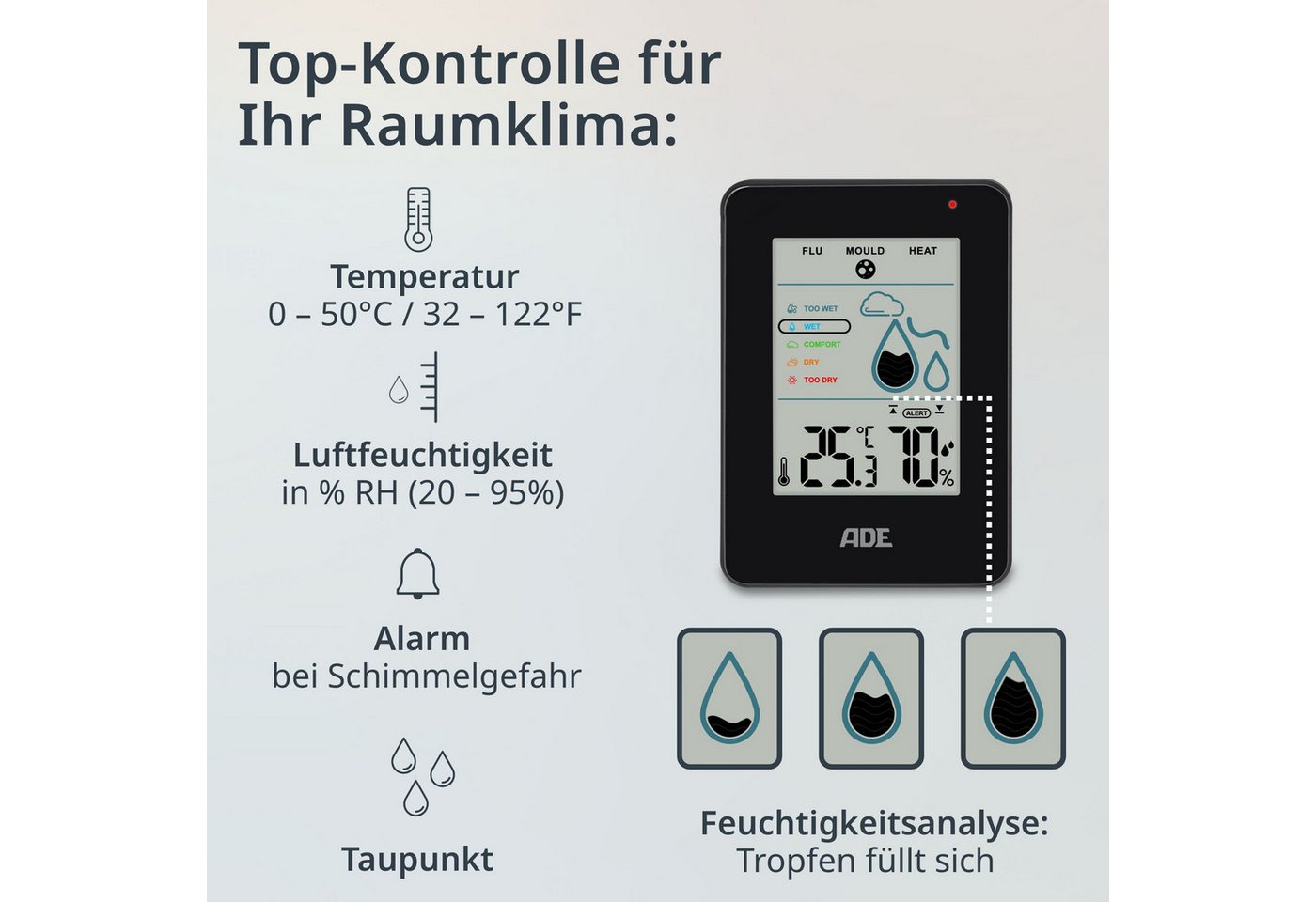 ADE Hygrometer Digital, misst Luftfeuchtigkeit, Temperatur und Taupunkt im Innenraum, Mit Schimmelalarm und Komfortanzeige, großes Display fürs Raumklima Bild 3