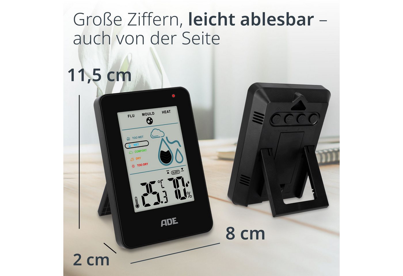 ADE Hygrometer Digital, misst Luftfeuchtigkeit, Temperatur und Taupunkt im Innenraum, Mit Schimmelalarm und Komfortanzeige, großes Display fürs Raumklima Bild 5