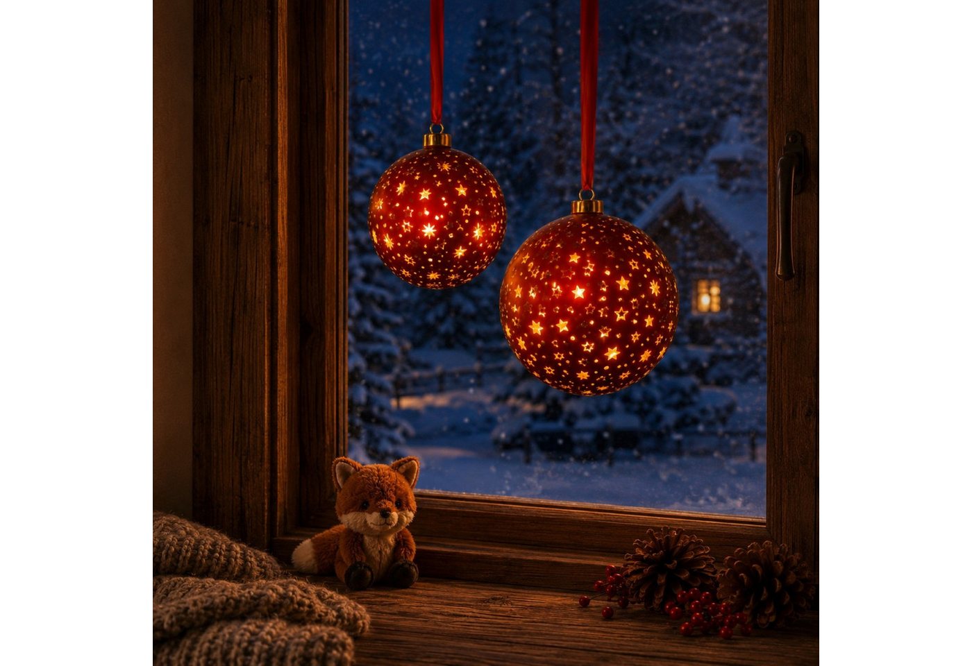 Online-Fuchs LED Dekolicht 2 Weihnachtskugeln in ROT aus Glas zum Aufhängen - Weihnachtsdeko, gelaserte Sterne und Punkte, 15 & 25 warmweiße LEDs, praktische 6-Stunden Timerfunktion