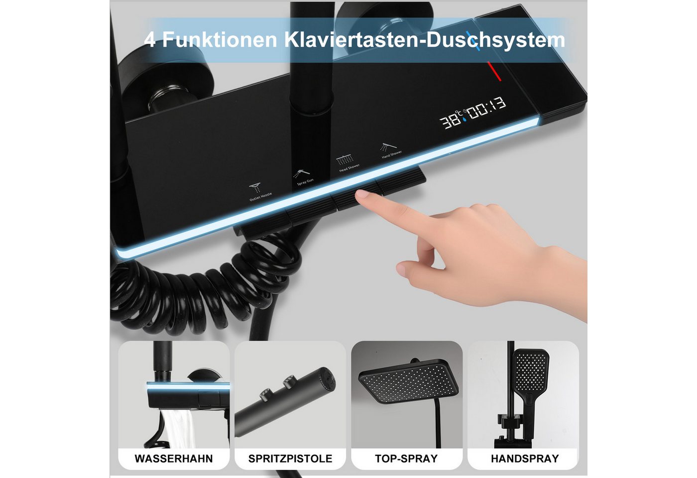 oyajia Brausegarnitur Duschsystem mit Regendusche und digitaler Temperaturanzeige, 4 Strahlart(en), Klaviertasten-Wasserauslauf mit vier, 4 Klaviertasten, 3-Strahl-Handbrause und Brausepistole in Schwarz