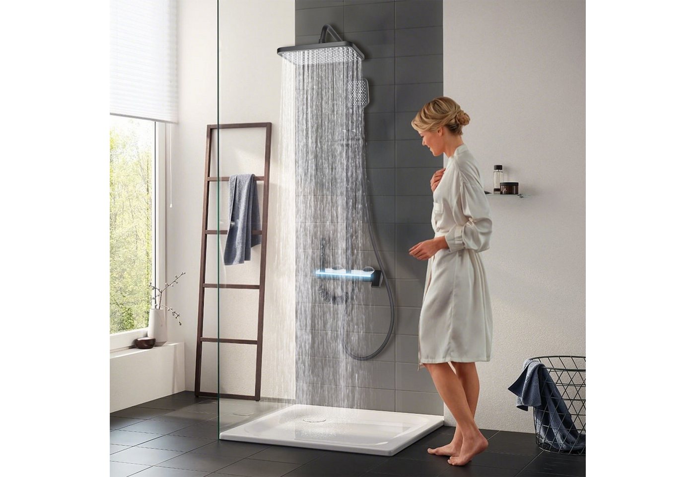 oyajia Brausegarnitur Duschsystem mit Regendusche und digitaler Temperaturanzeige, 4 Strahlart(en), Klaviertasten-Wasserauslauf mit vier, 4 Klaviertasten, 3-Strahl-Handbrause und Brausepistole in Schwarz Bild 3