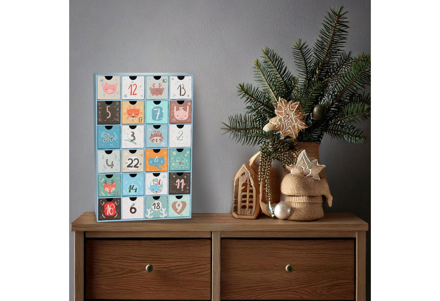 BRUBAKER befüllbarer Adventskalender Adventskalender zum Befüllen Weihnachtstiere Blau (24 Türchen, 1-tlg), DIY Weihnachtskalender - Kalender Weihnachten 39 cm groß aus Pappe