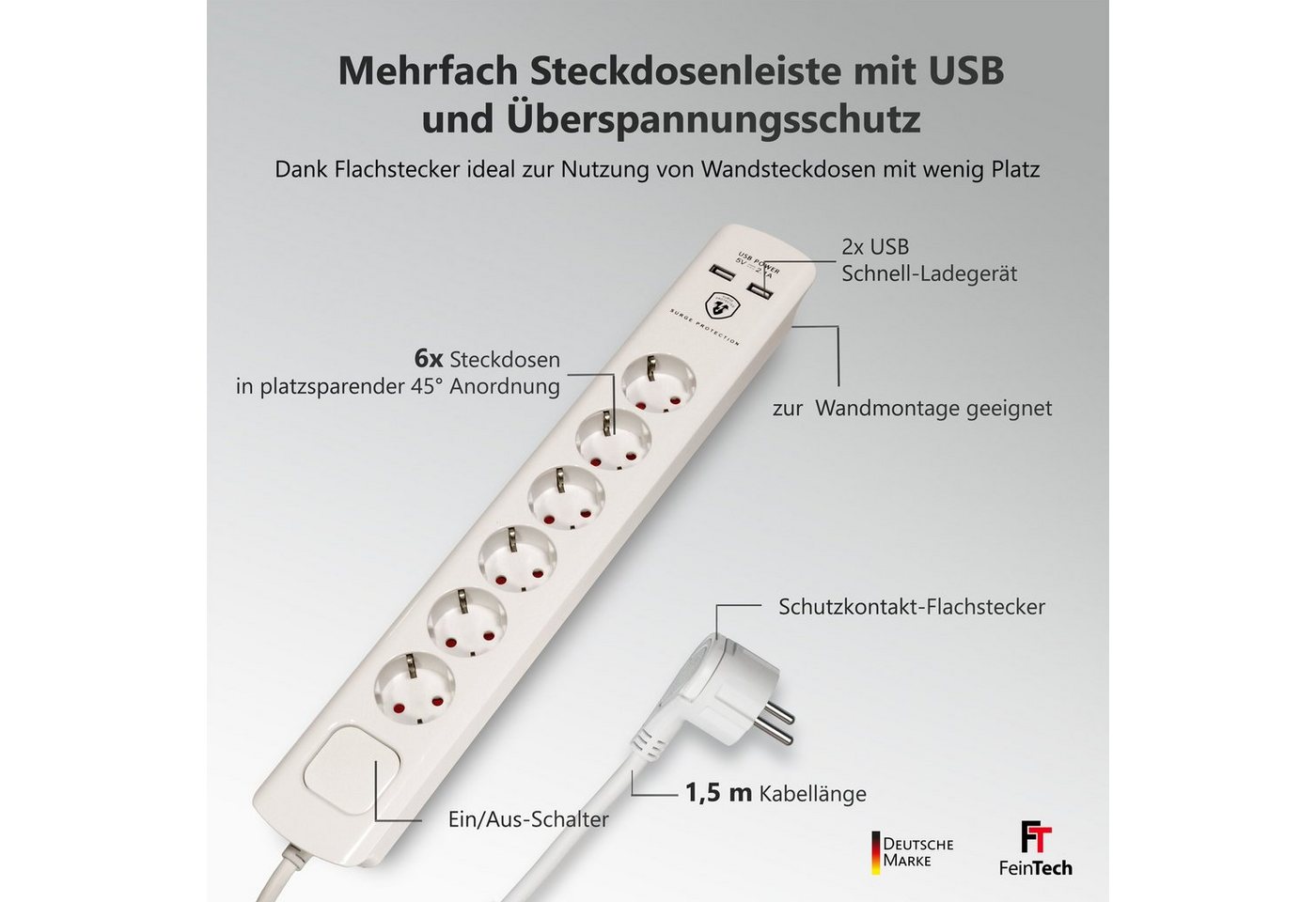 FeinTech Mehrfachsteckdose 6-fach (Ein- / Ausschalter, Schalterbeleuchtung, USB-Anschlüsse, Überspannungsschutz, Kabellänge 1.5 m), Flachstecker