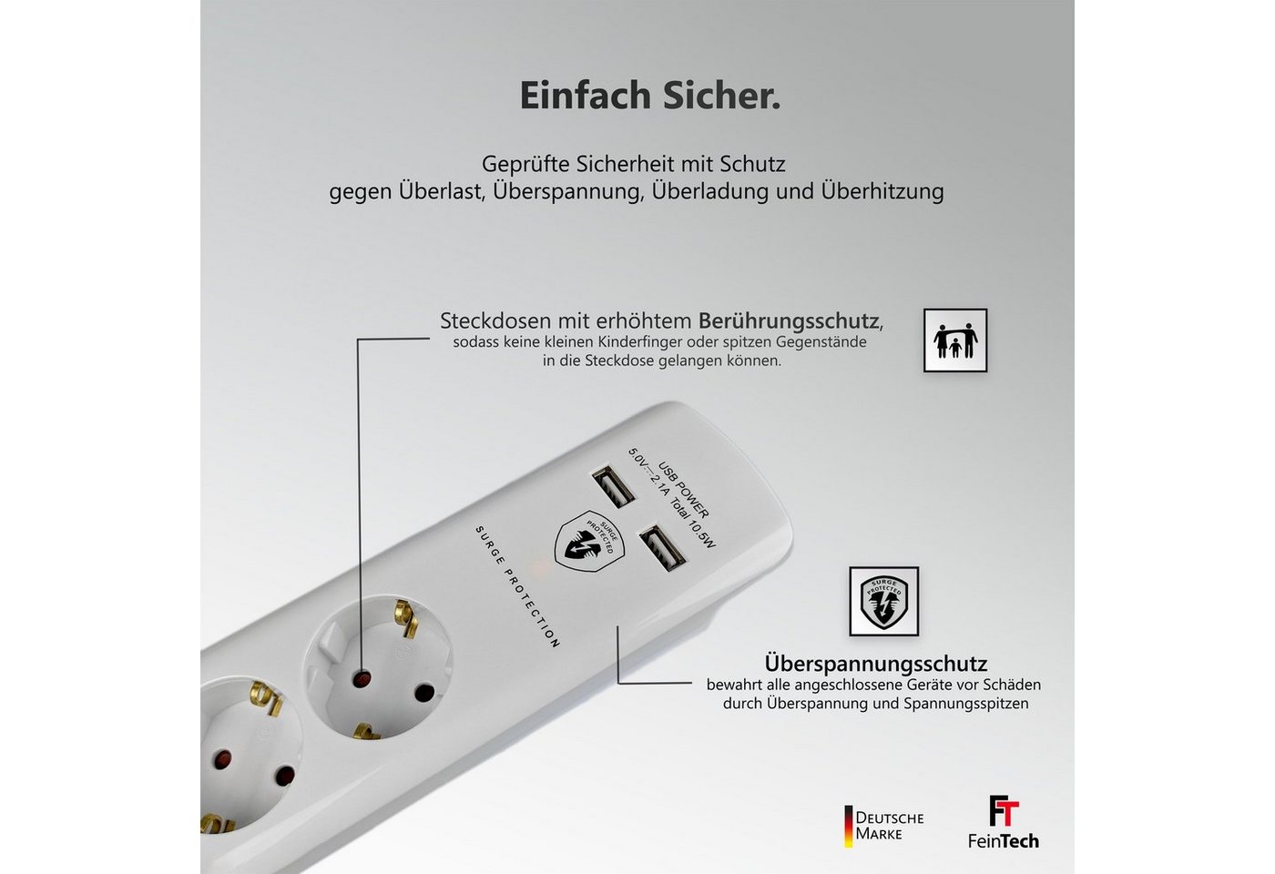 FeinTech Mehrfachsteckdose 6-fach (Ein- / Ausschalter, Schalterbeleuchtung, USB-Anschlüsse, Überspannungsschutz, Kabellänge 1.5 m), Flachstecker Bild 4