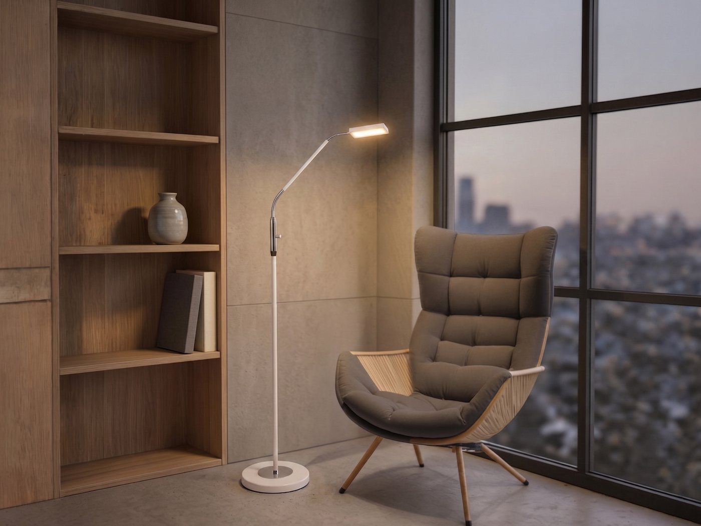 Reality Leuchten LED Stehlampe Leselampe Metall Weiß & Chrom, Ø 23cm, Dimmfunktion, LED fest integriert, Warmweiß, kleine Schwanenhalslampe dimmbar Weiß & Chrom