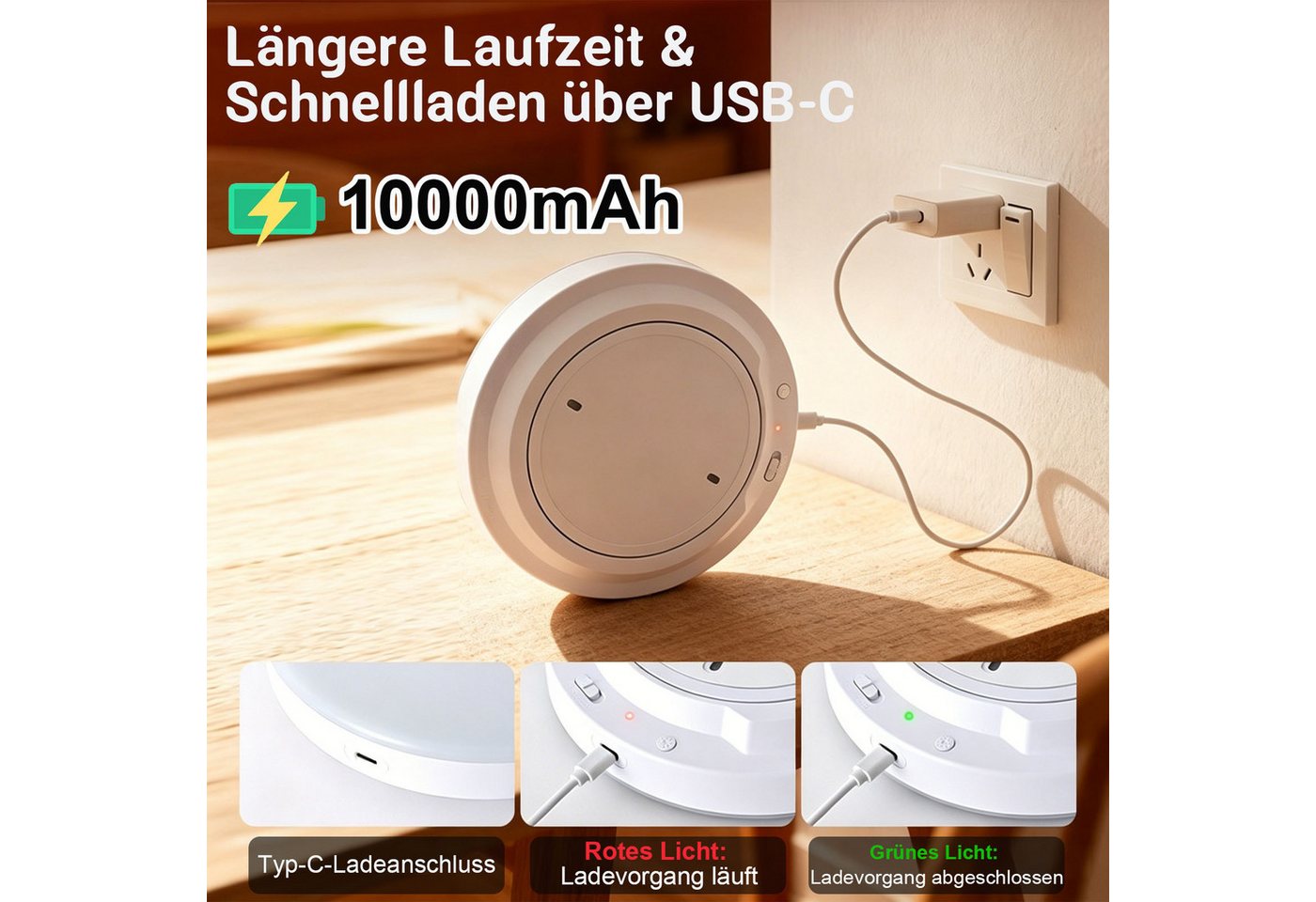 PRIISF LED Deckenleuchte LED Deckenlampe mit Radar Bewegungsmelder Akku Deckenleuchte 10000 mAh, Dimmbar, 3000K/4300K/6500K Runde Sensor Licht, Wiederaufladbare Deckenleuchte LED Panel, Aufladbar Lamp mit Fernbedienung‌ für Badezimmer, Keller, Garage Bild 3