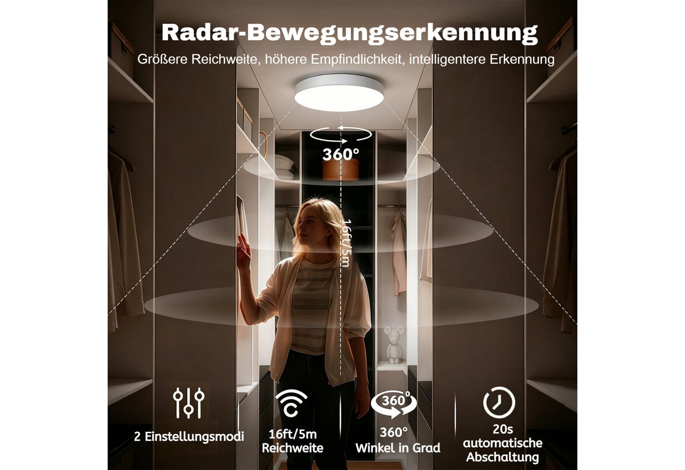 PRIISF LED Deckenleuchte LED Deckenlampe mit Radar Bewegungsmelder Akku Deckenleuchte 10000 mAh, Dimmbar, 3000K/4300K/6500K Runde Sensor Licht, Wiederaufladbare Deckenleuchte LED Panel, Aufladbar Lamp mit Fernbedienung‌ für Badezimmer, Keller, Garage Bild 4