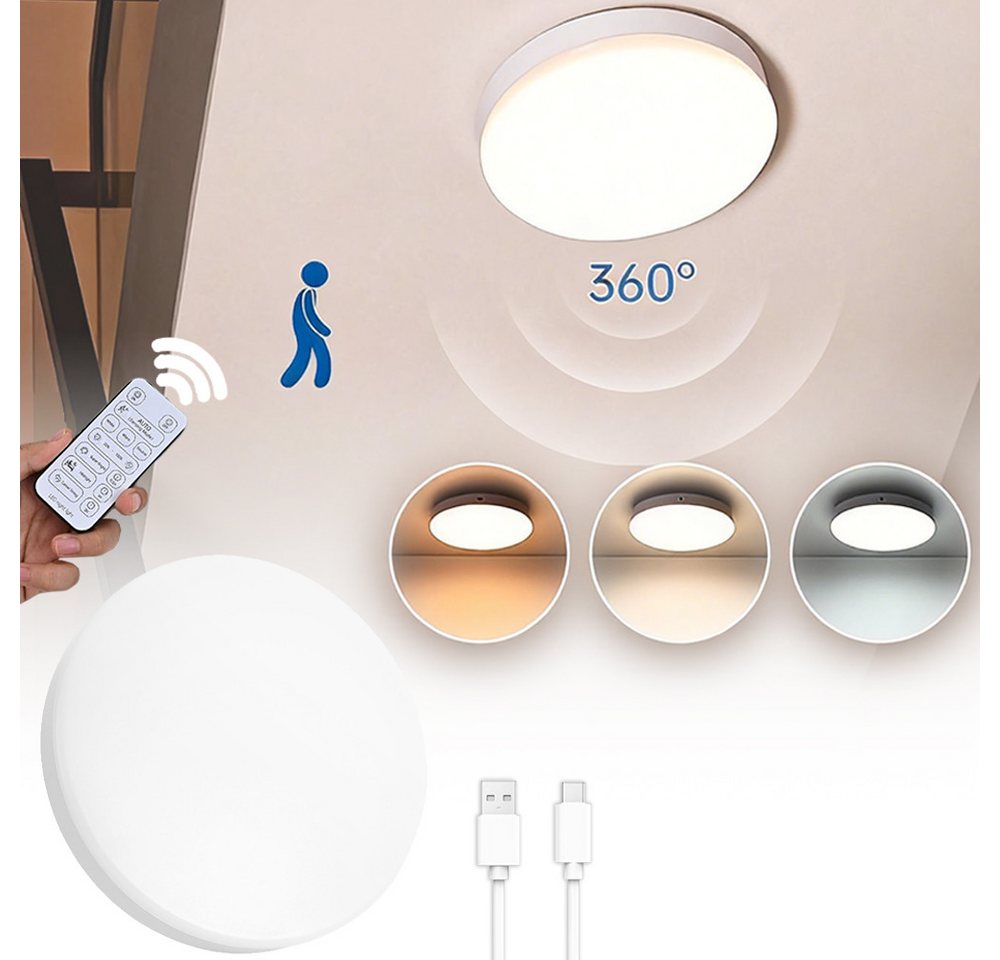 PRIISF LED Deckenleuchte LED Deckenlampe mit Radar Bewegungsmelder Akku Deckenleuchte 10000 mAh, Dimmbar, 3000K/4300K/6500K Runde Sensor Licht, Wiederaufladbare Deckenleuchte LED Panel, Aufladbar Lamp mit Fernbedienung‌ für Badezimmer, Keller, Garage Bild 5