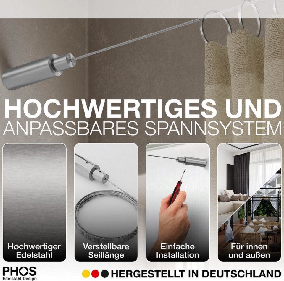 PHOS Design Seilspanngarnitur : Axiales Seilspannsystem aus Edelstahl, für Gardinen und Vorhänge, (SSA18Set5ST80), mit Wand zu Wand Montage und Seilzwischenträger - 100% Made in Germany Bild 2