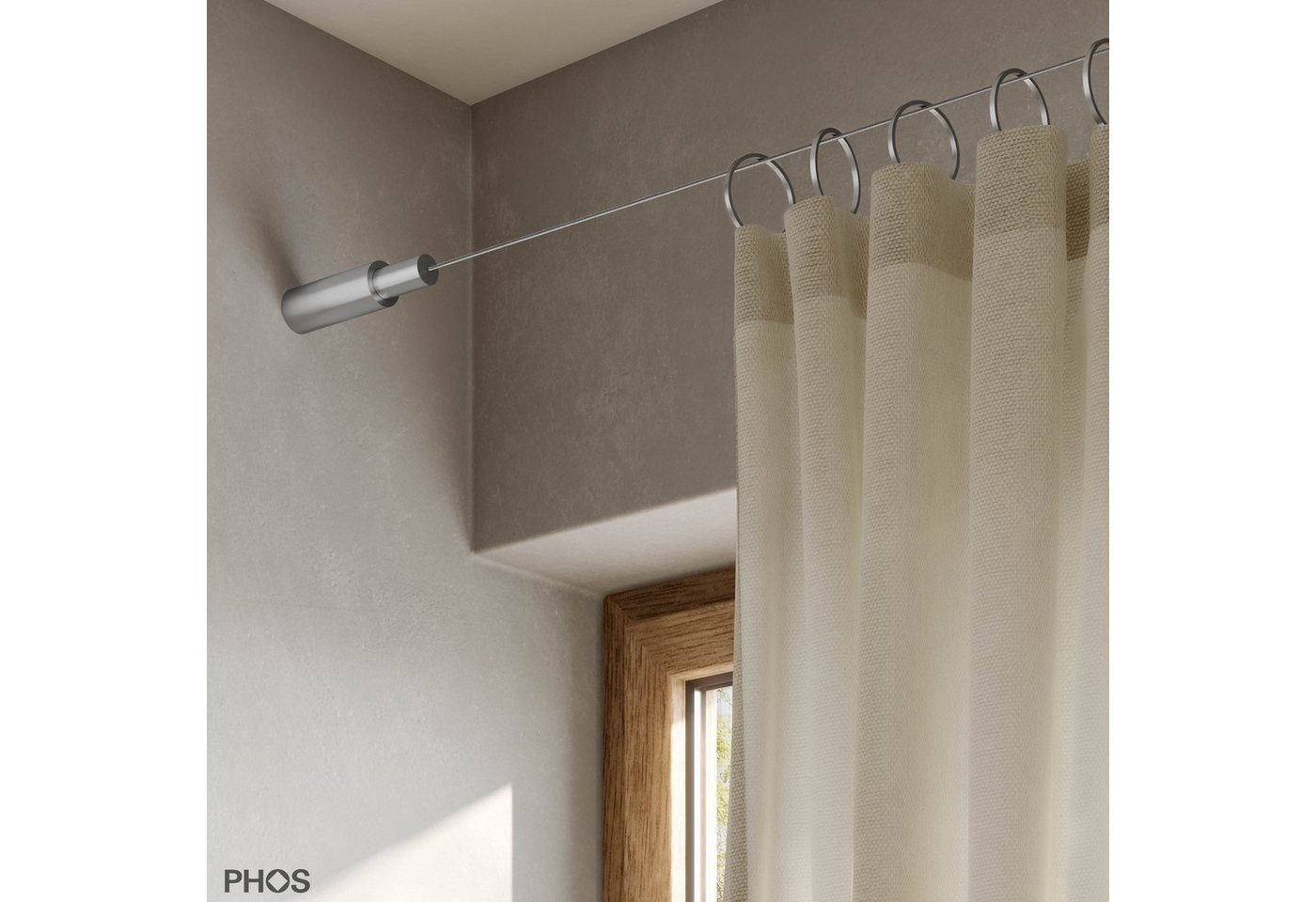 PHOS Design Seilspanngarnitur : Axiales Seilspannsystem aus Edelstahl, für Gardinen und Vorhänge, (SSA18Set5ST80), mit Wand zu Wand Montage und Seilzwischenträger - 100% Made in Germany Bild 3