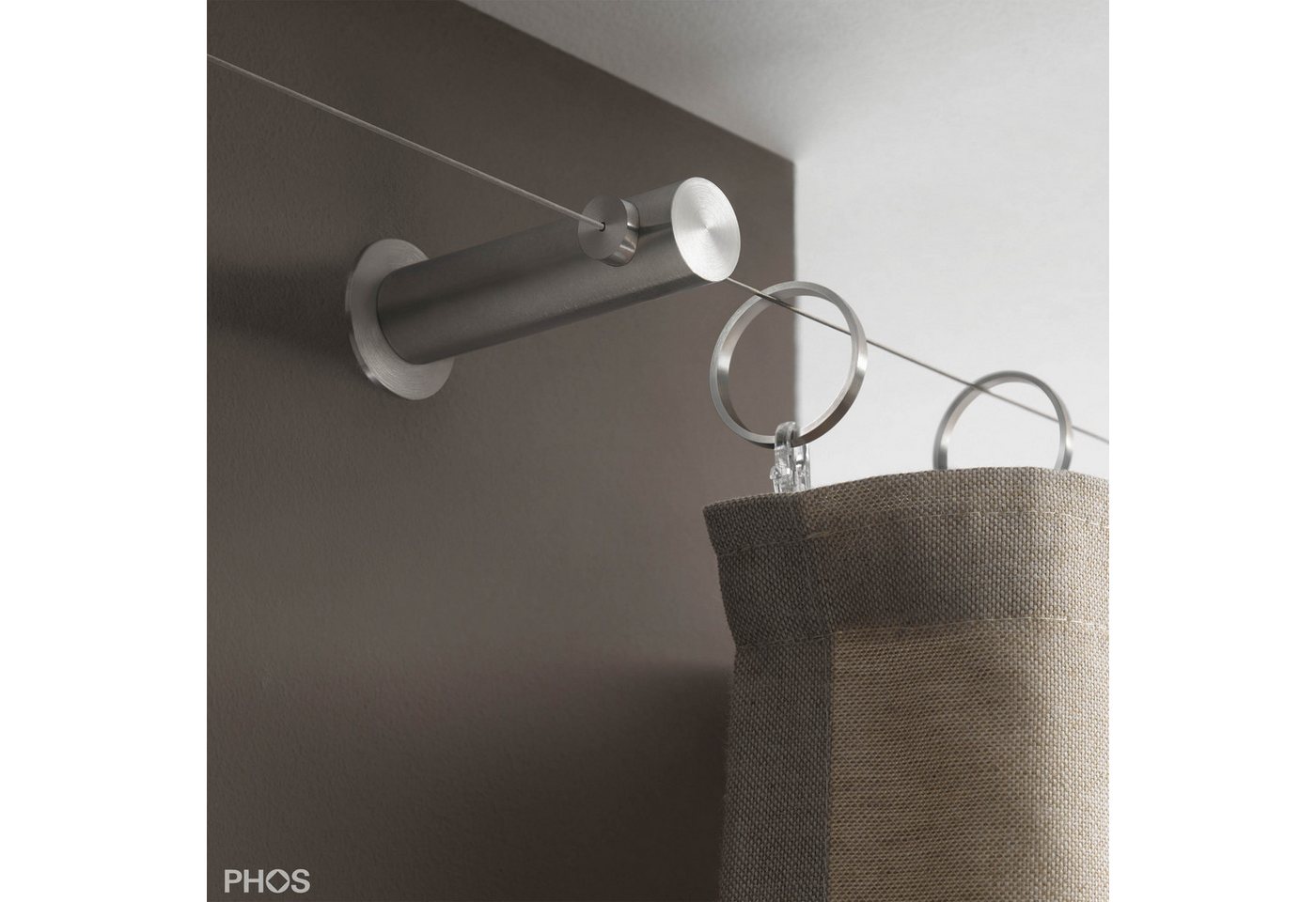 PHOS Design Seilspanngarnitur : Axiales Seilspannsystem aus Edelstahl, für Gardinen und Vorhänge, (SSA18Set5ST80), mit Wand zu Wand Montage und Seilzwischenträger - 100% Made in Germany Bild 5