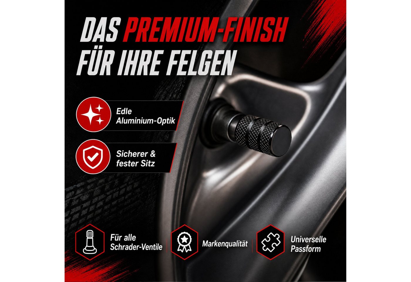 Pitlane Performance Ventilkappe Alu-Ventilkappen für Schrader-Ventile, (Ventilkappen-Set, 4-St., 4 Stück aus Aluminium), Korrosionsschutz und innenliegende Dichtung