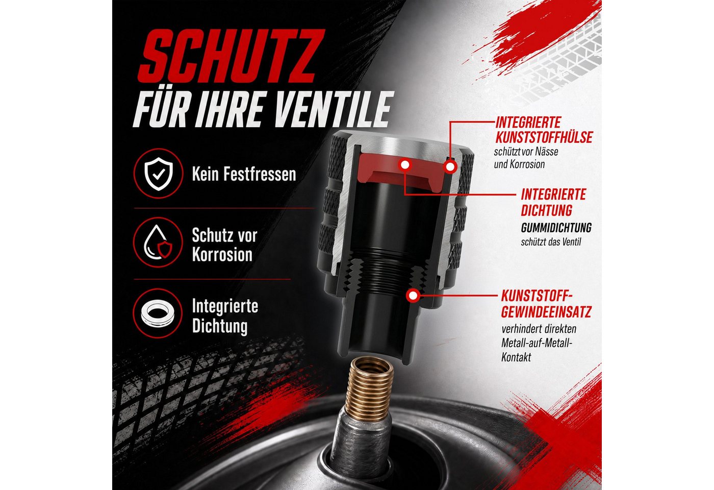 Pitlane Performance Ventilkappe Alu-Ventilkappen für Schrader-Ventile, (Ventilkappen-Set, 4-St., 4 Stück aus Aluminium), Korrosionsschutz und innenliegende Dichtung Bild 2