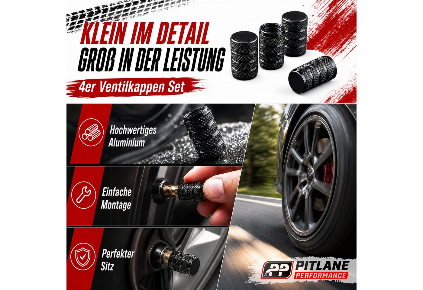 Pitlane Performance Ventilkappe Alu-Ventilkappen für Schrader-Ventile, (Ventilkappen-Set, 4-St., 4 Stück aus Aluminium), Korrosionsschutz und innenliegende Dichtung Bild 3