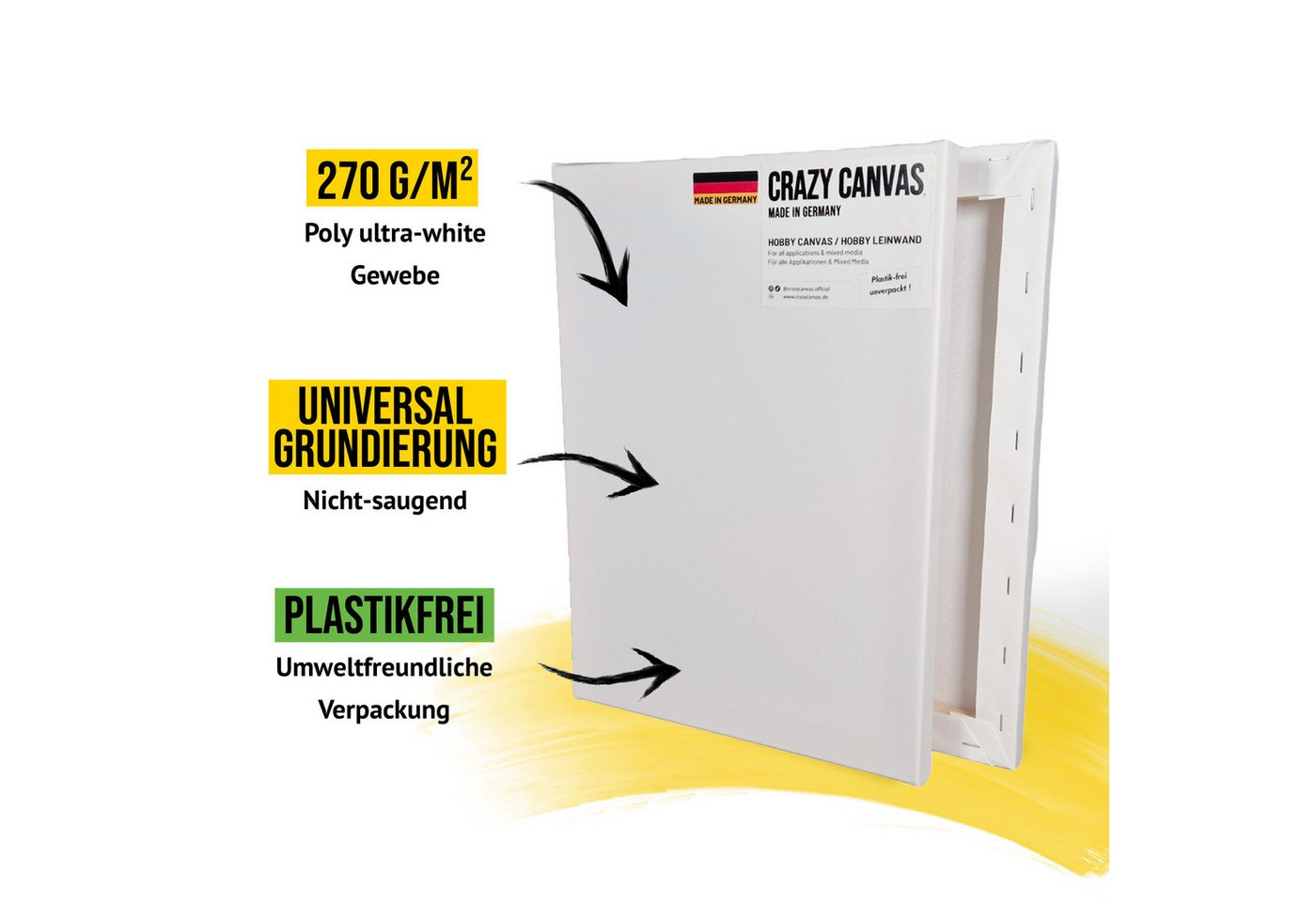 Crazy Canvas Leinwand HOBBY 20x30 cm 2er Pack, Keilrahmen, feine Struktur, versandfrei, 270 g/m², universal grundiert, Made in Berlin