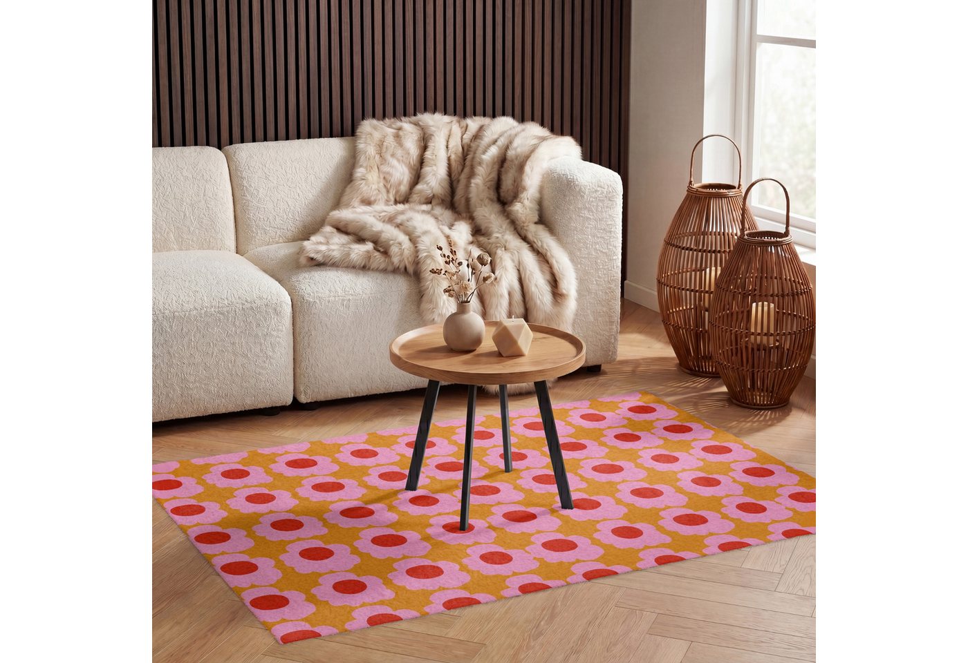 OnlyWow Teppich Retro - Blumen - Rosa, Rechteckig, Wohnzimmer, Rutschfest, Kurzflor 120x80 cm