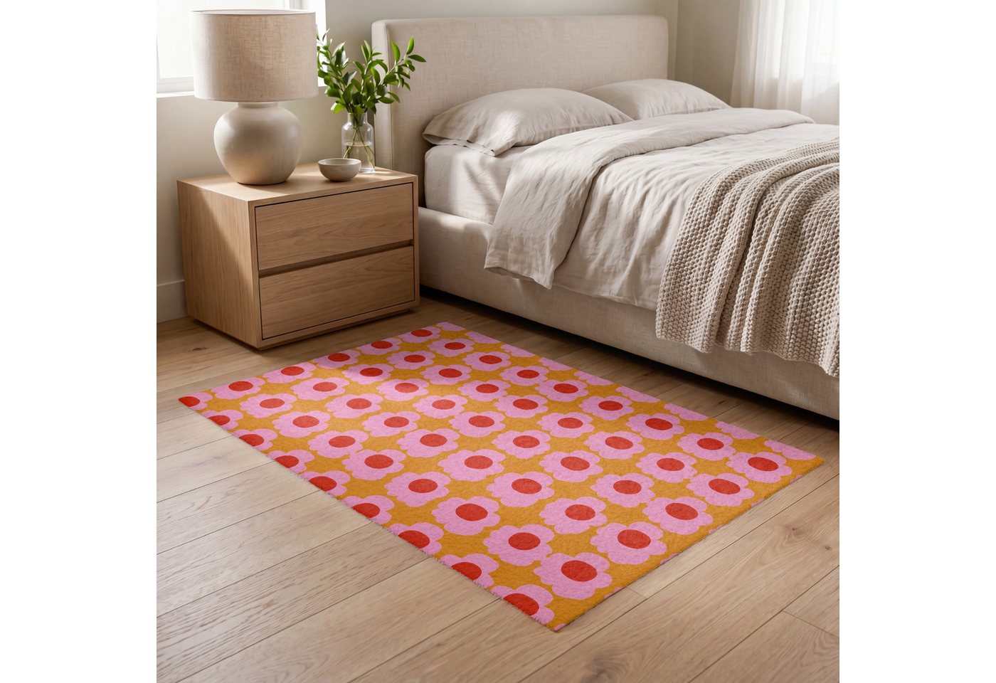 OnlyWow Teppich Retro - Blumen - Rosa, Rechteckig, Wohnzimmer, Rutschfest, Kurzflor 120x80 cm Bild 2