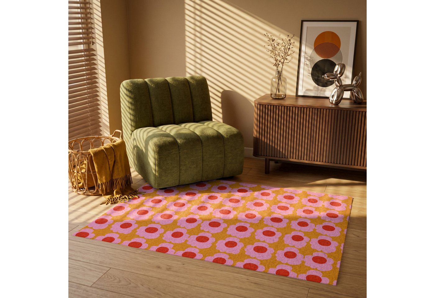 OnlyWow Teppich Retro - Blumen - Rosa, Rechteckig, Wohnzimmer, Rutschfest, Kurzflor 120x80 cm Bild 4