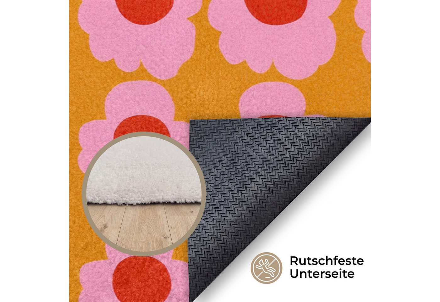 OnlyWow Teppich Retro - Blumen - Rosa, Rechteckig, Wohnzimmer, Rutschfest, Kurzflor 120x80 cm Bild 5