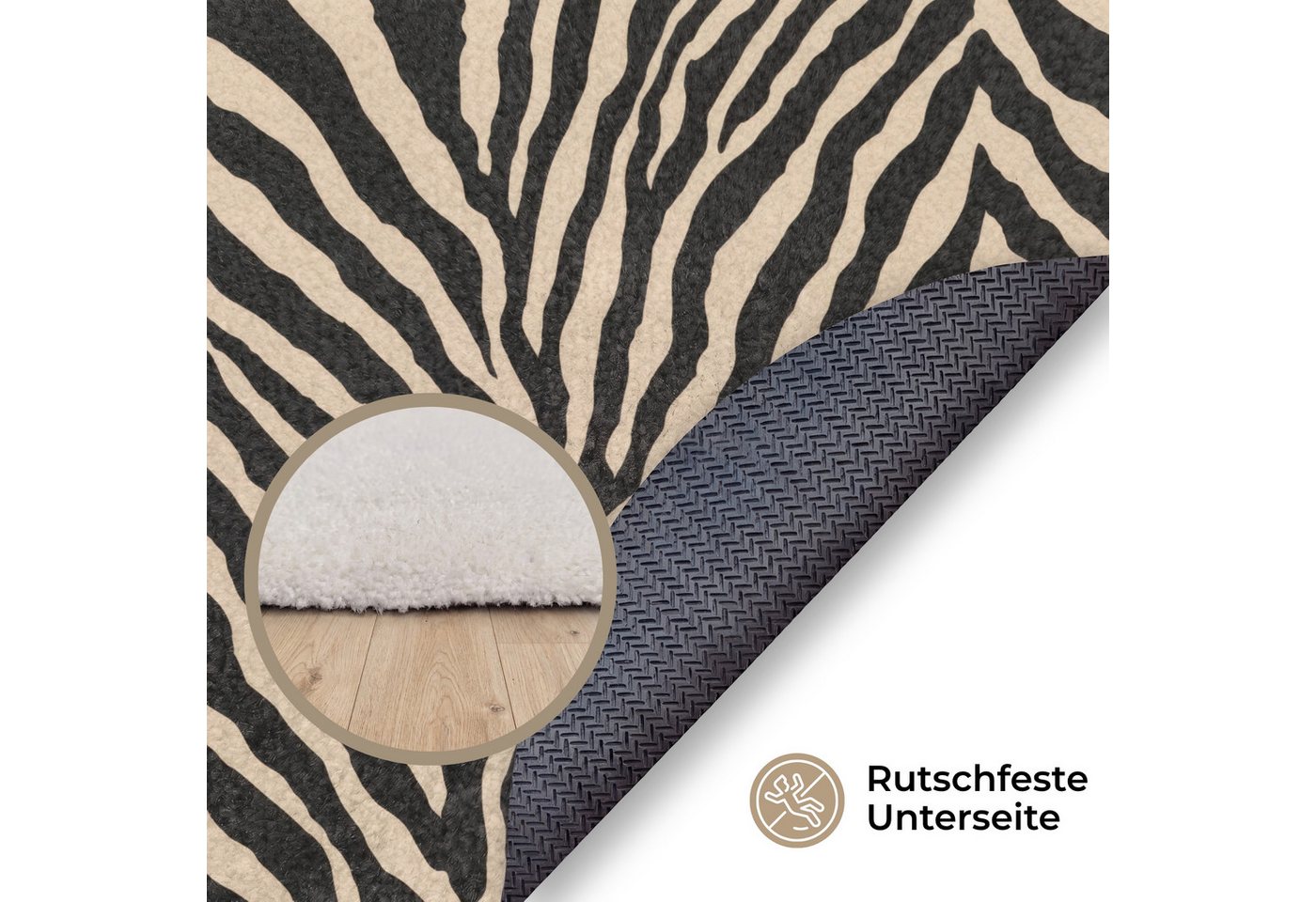 OnlyWow Teppich Rund Zebra - Klassisch - Schwarz, Rechteckig, Wohnzimmer, Schlafzimmer, Kurzflor 90x90 cm Bild 5