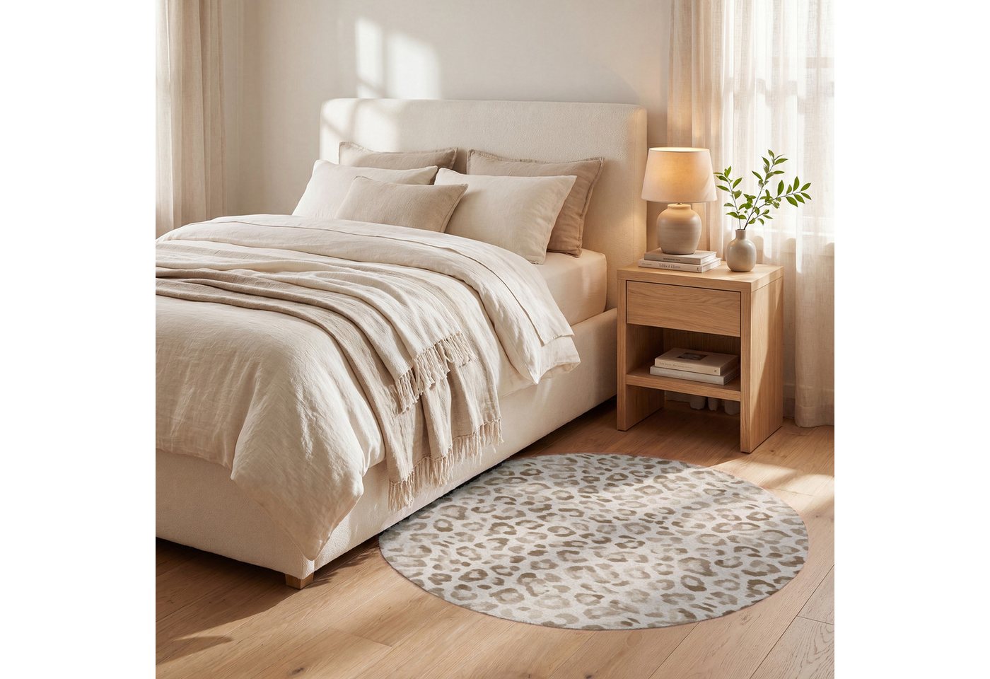 OnlyWow Teppich Rund Leopard - Klassisch - Beige, Rechteckig, Wohnzimmer, Schlafzimmer, Kurzflor 90x90 cm